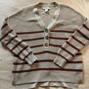 Rachel Zoe Knit V-neck Button Beige and Brown Striped Women's Sweater Small